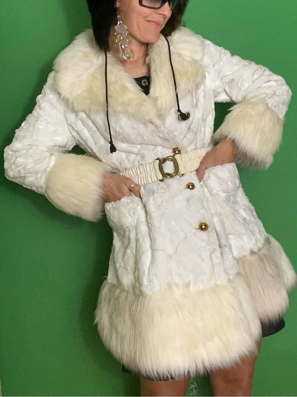 1970s vintage Timme-Tation Sears Ivory Faux Fur  Coat Belt funky baby doll
